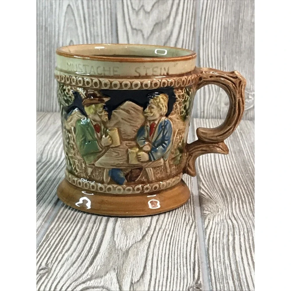 Vintage Ceramic Mustache Stein Relief Scene Cabin Mountains Beer Mug